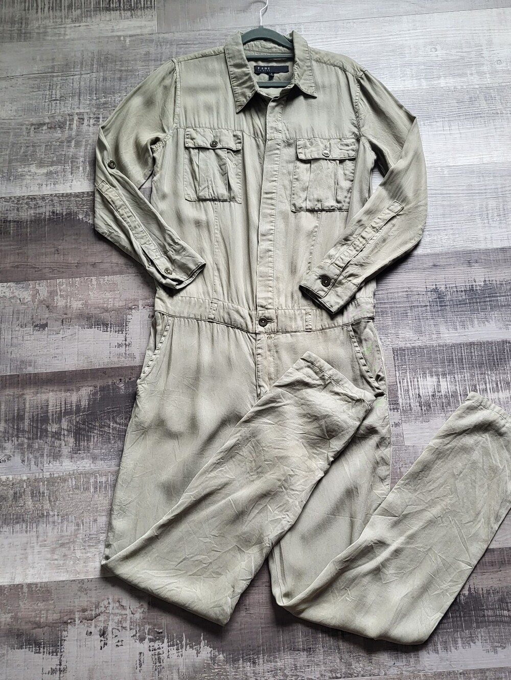 FADE TO BLUE Tencel Jumpsuit Small S Olive Green Boiler Suit Flight Roll Tab Top